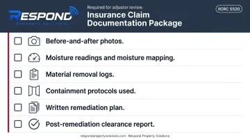 Six-item mold remediation insurance claim documentation checklist infographic