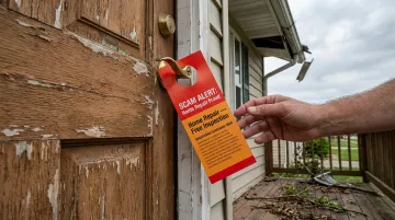 Contractor fraud warning sign posted on residential property after storm damage