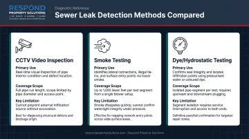 Three commercial sewer leak detection methods comparison chart with coverage and limitations