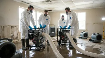 Commercial sewage extraction and structural drying restoration crew working inside building