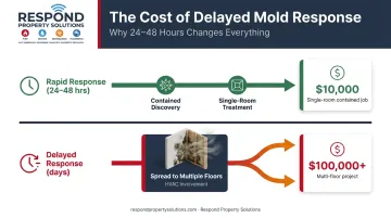 Mold remediation cost escalation timeline showing 24-hour response versus delayed response outcomes