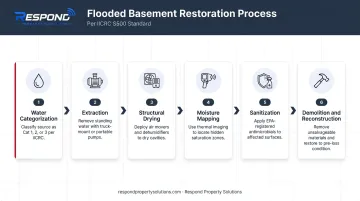 6-step IICRC S500 flooded basement restoration process flow infographic
