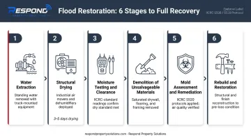 Six-step professional flood restoration process flow from water extraction to rebuild