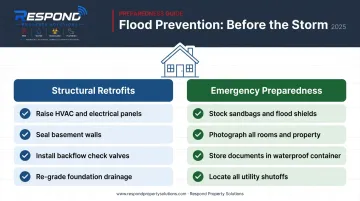 Flood prevention checklist showing structural retrofits and emergency preparedness steps