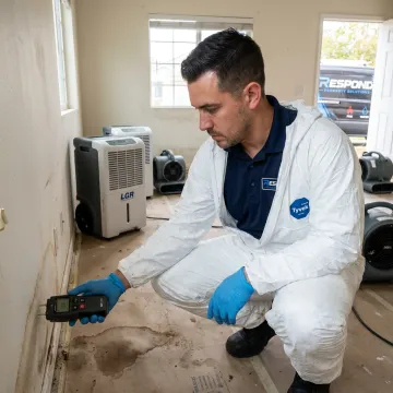Technician checking moisture during water damage restoration