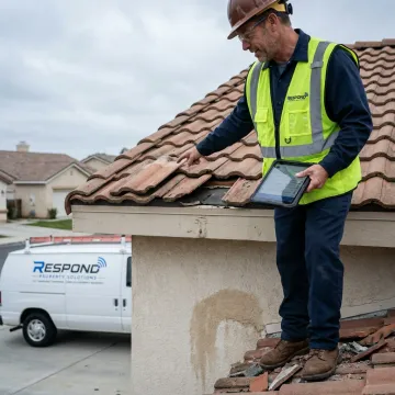 Restoration technician documenting storm damage during inspection