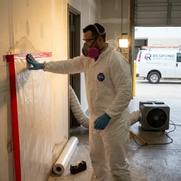 Technician setting containment for mold remediation