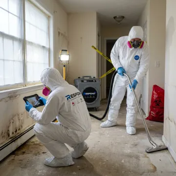 Biohazard cleanup team documenting a residential room