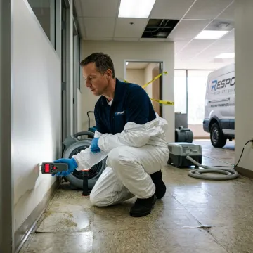 Technician checking moisture levels during commercial water damage restoration
