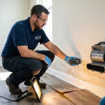 Technician inspecting water damage with moisture meter