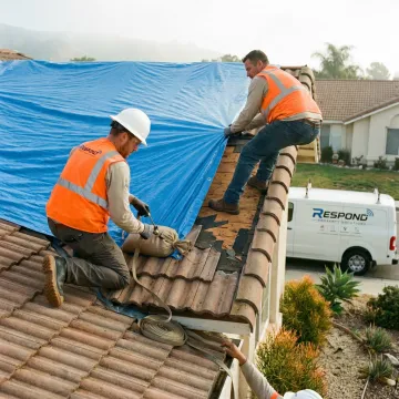 Crew installing emergency roof tarp