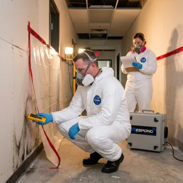 Commercial mold remediation team inspecting a building