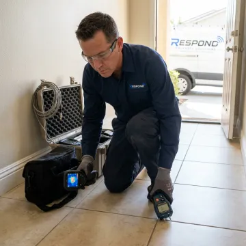Technician checking flooring for slab leak moisture