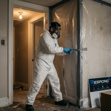 Biohazard cleanup technician preparing containment