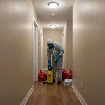Biohazard cleanup technician preparing equipment