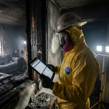 Technician inspecting fire damage in a home