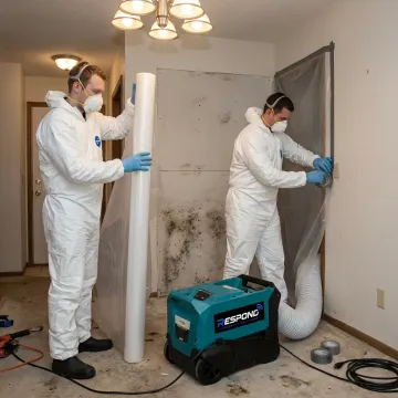 Mold remediation team setting containment barriers