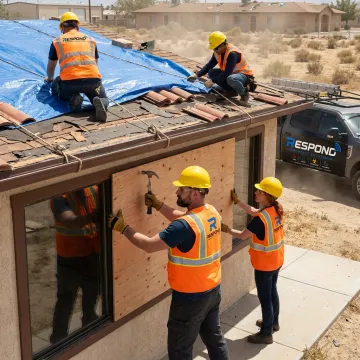 Commercial crew securing wind-damaged building
