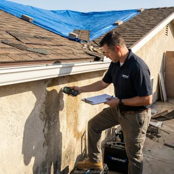 Technician documenting storm damage at a property