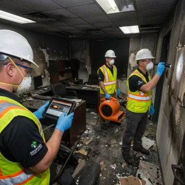 Commercial fire restoration crew documenting damage