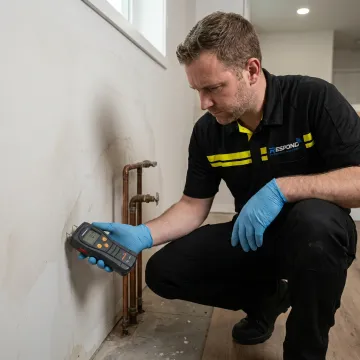 Technician inspecting wall moisture from a hidden leak