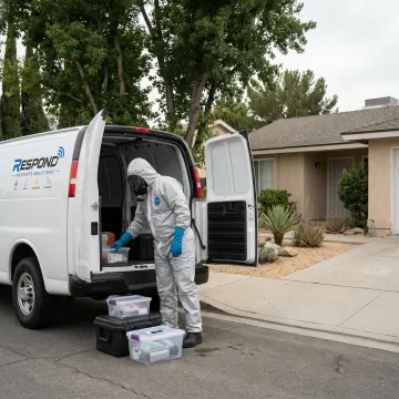 Biohazard cleanup technician preparing equipment