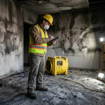 Restoration technician documenting fire damage
