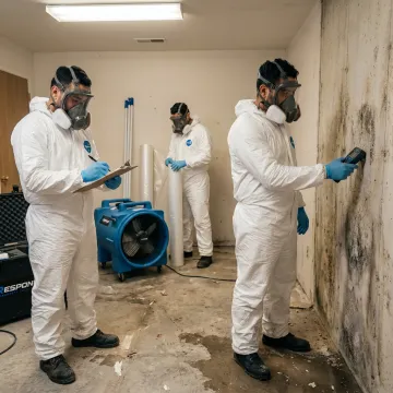Technicians inspecting a contaminated commercial workspace