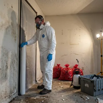 Biohazard cleanup technician preparing containment equipment
