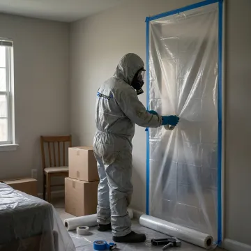 Biohazard cleanup technician preparing a room for decontamination