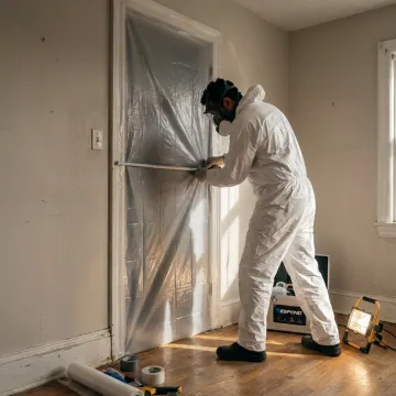 Biohazard cleanup technician preparing containment