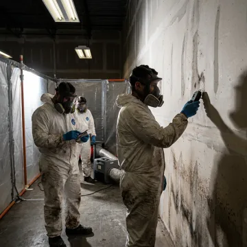 Commercial remediation crew inspecting moisture damage