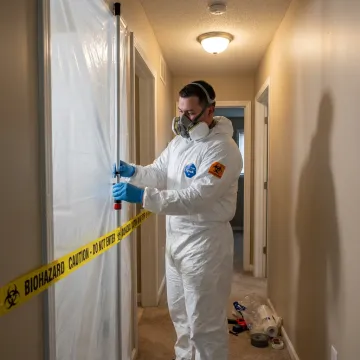 Biohazard cleanup technician preparing containment