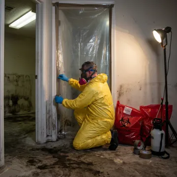 Biohazard cleanup technician preparing safety equipment