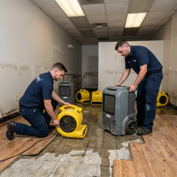 Commercial water damage crew setting drying equipment