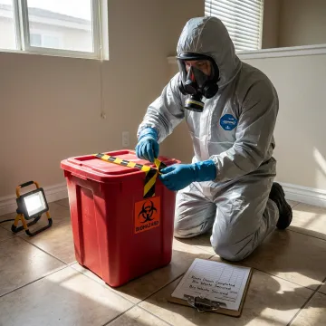 Technician documenting biohazard cleanup process