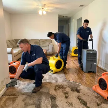Water damage crew using drying equipment inside a home