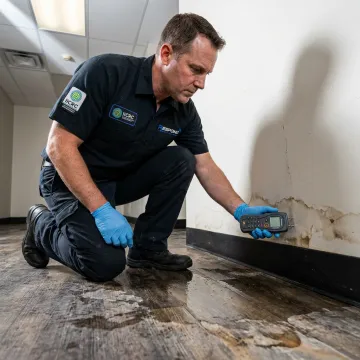 Technician inspecting water leak damage