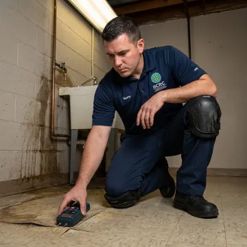 Emergency technician inspecting plumbing water damage
