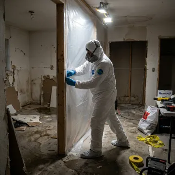 Technician preparing biohazard remediation containment