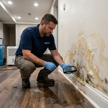 Technician inspecting moisture after burst pipe