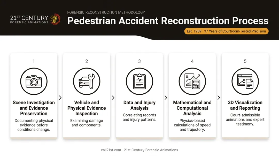 5-step pedestrian accident reconstruction process from scene investigation to 3D animation