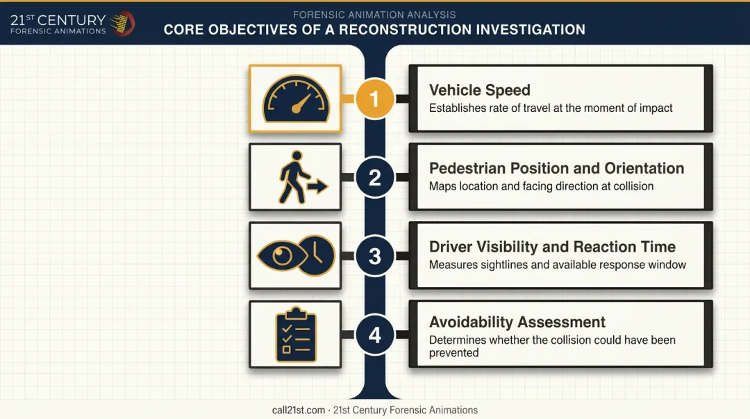 Four core objectives of pedestrian accident reconstruction investigation process