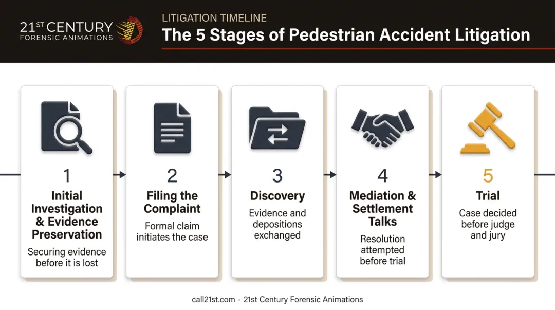Five-stage pedestrian accident litigation process from investigation to trial