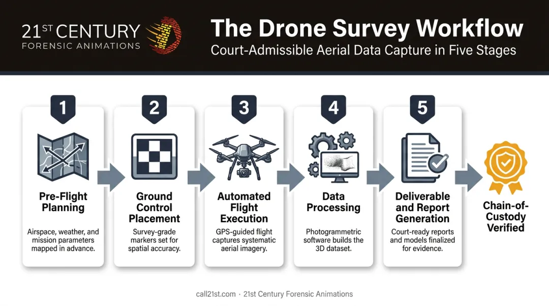 5-step drone survey workflow from flight planning to deliverable generation