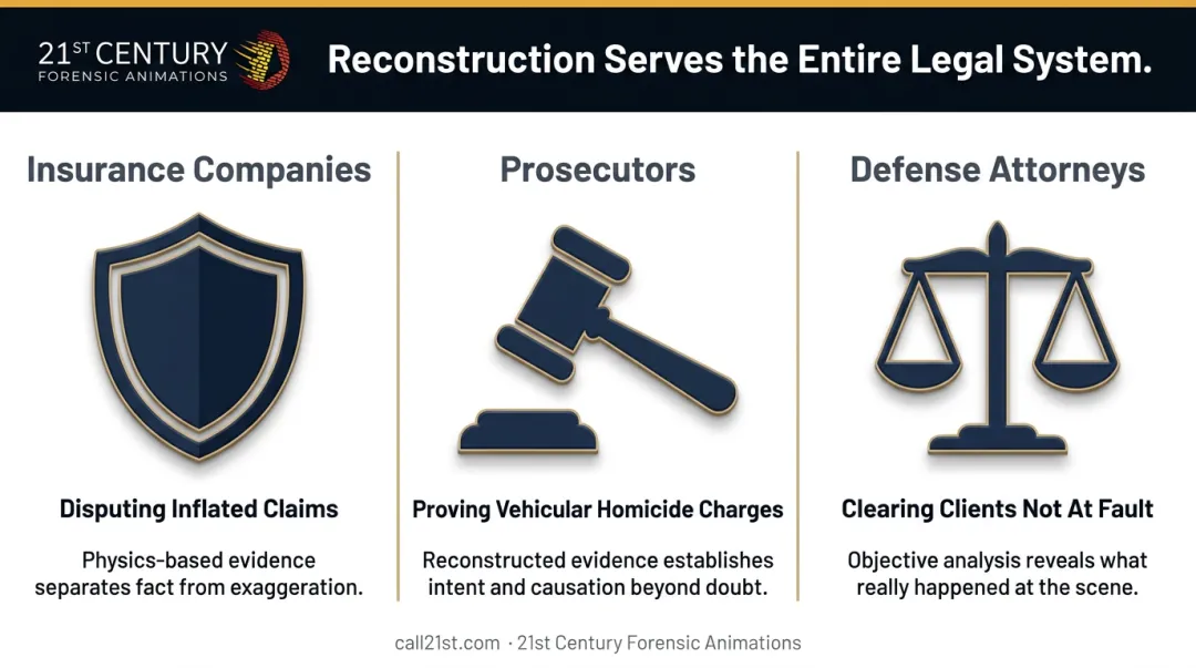 Insurance prosecution and defense uses of accident reconstruction findings comparison