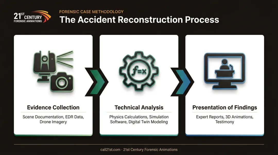 Three-phase accident reconstruction process from evidence collection to courtroom presentation