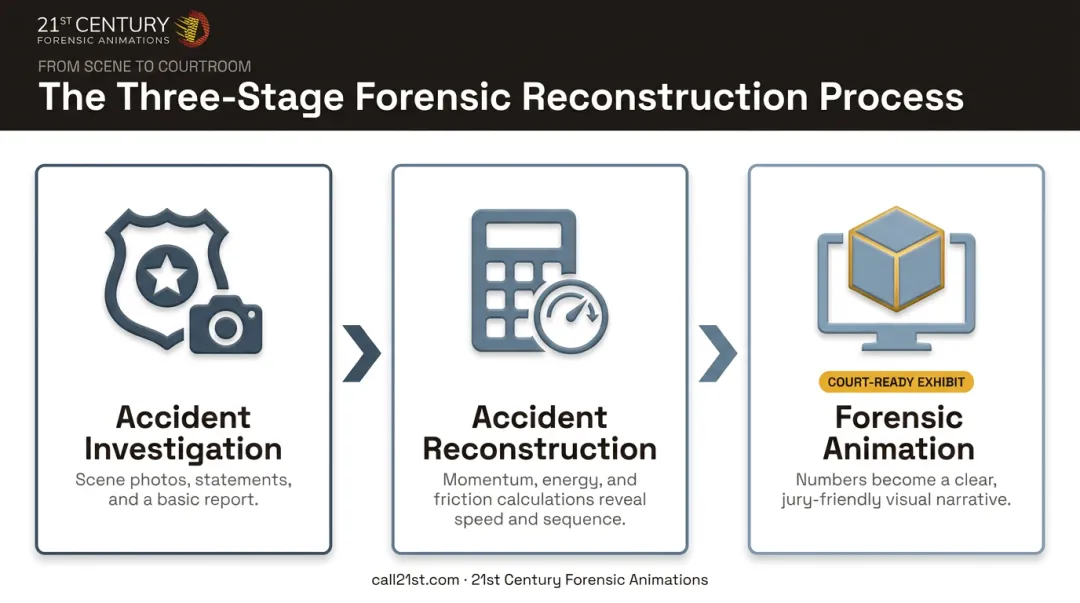 Investigation reconstruction and animation three-stage accident analysis comparison