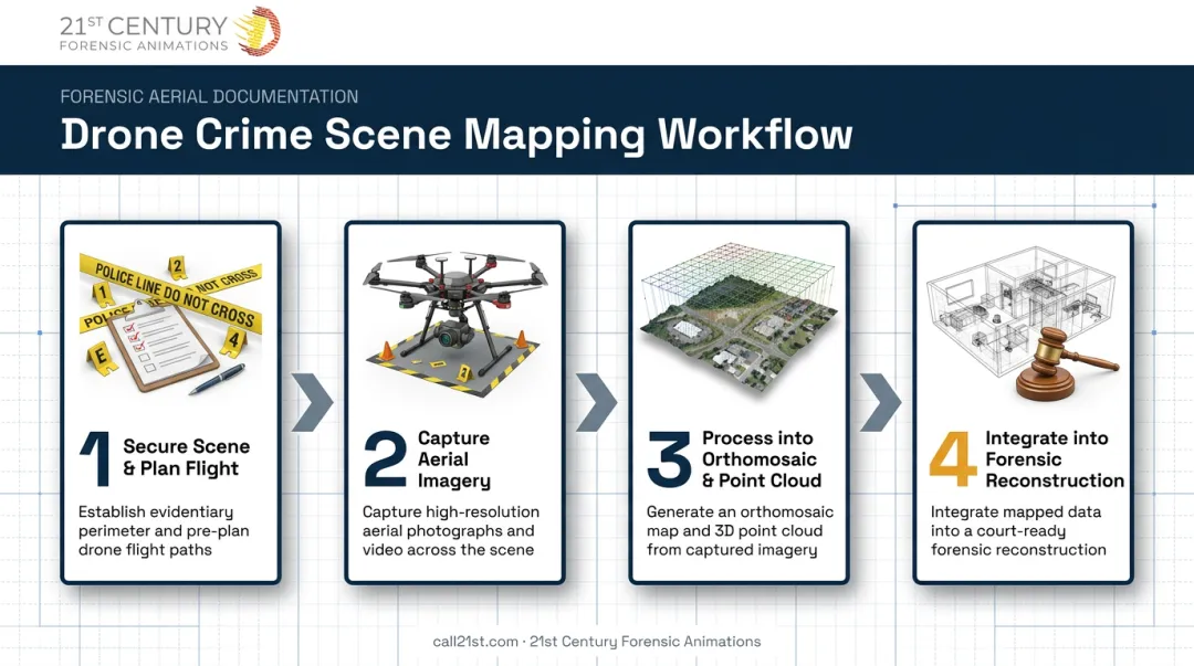 4-step drone crime scene mapping process from flight planning to reconstruction