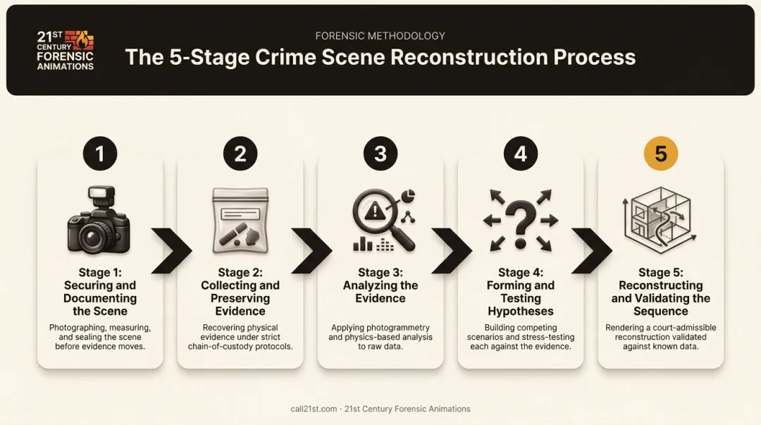 5-stage crime scene reconstruction process from documentation to validation